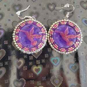 Vibrant Hummingbird Earrings in Purple and Pink